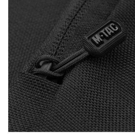 M-Tac Carry Sling Taske Elite Gen.IV i sort slidstærkt nylon med M-Tac logo på lynlås, galleri position 1 med detaljerede syninger.
