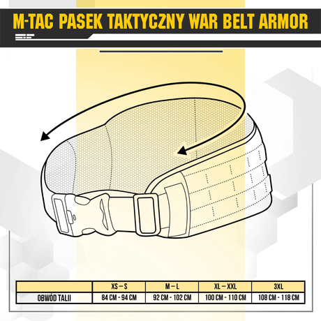 Størrelsesguide for M-Tac War Belt ARMOR taktisk bælte i Cordura med MOLLE-webbing, robuste funktioner og justerbare spænder.