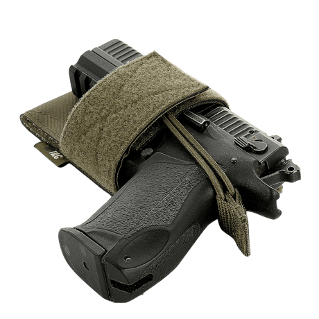 M-Tac CCW Hylster – Modulært Universal Hylster i kakhifarvet materiale med velcro hook og loop, galleri position 1 til diskret bæring.