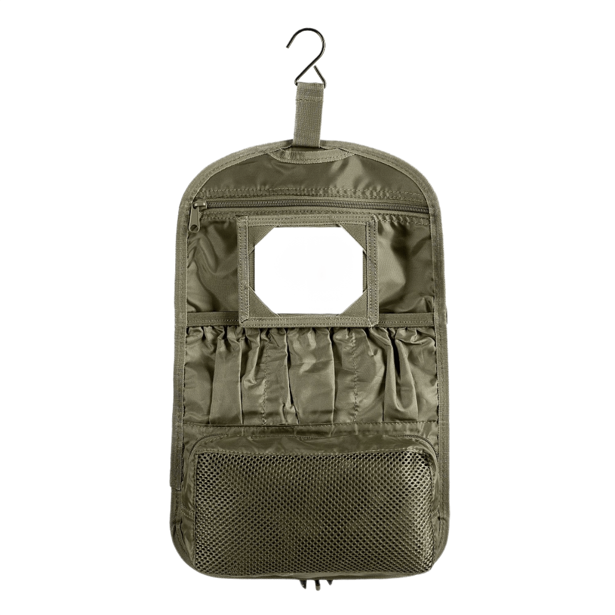 M-Tac Toilettaske i grøn farve med kroge til ophæng og rum til opbevaring af toiletartikler, ideel til rejsebrug.