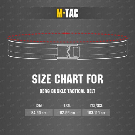 Størrelsesguide for M-Tac Berg Buckle Taktisk Bælte med målinger tilgængelige for S/M, L/XL, 2XL/3XL.