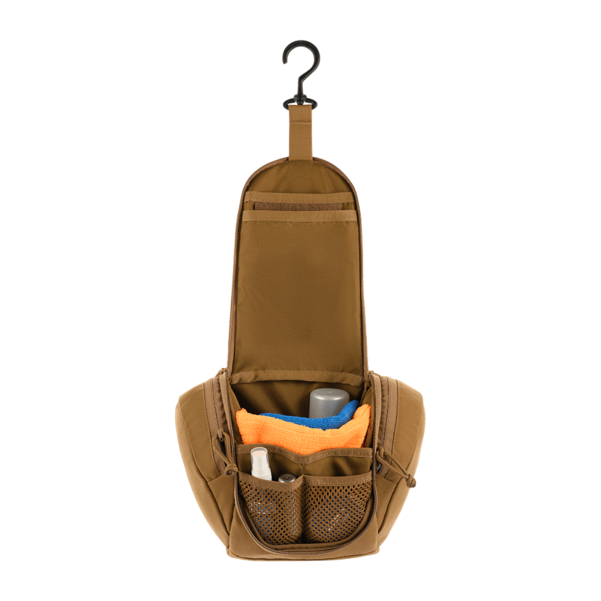 M-Tac Toilettaske Elite Gen.II med opbevaring til hygiejneartikler, inklusiv håndklæde, tandbørste og shampoo, rejsetaske i brun.