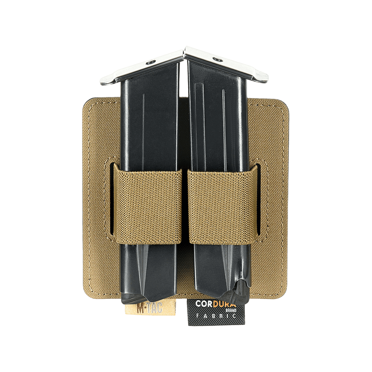 M-Tac Double Mag Pouch Hook Backed Magazine med to sorte magasiner i en brun holder med Velcro fastgørelse, set forfra.
