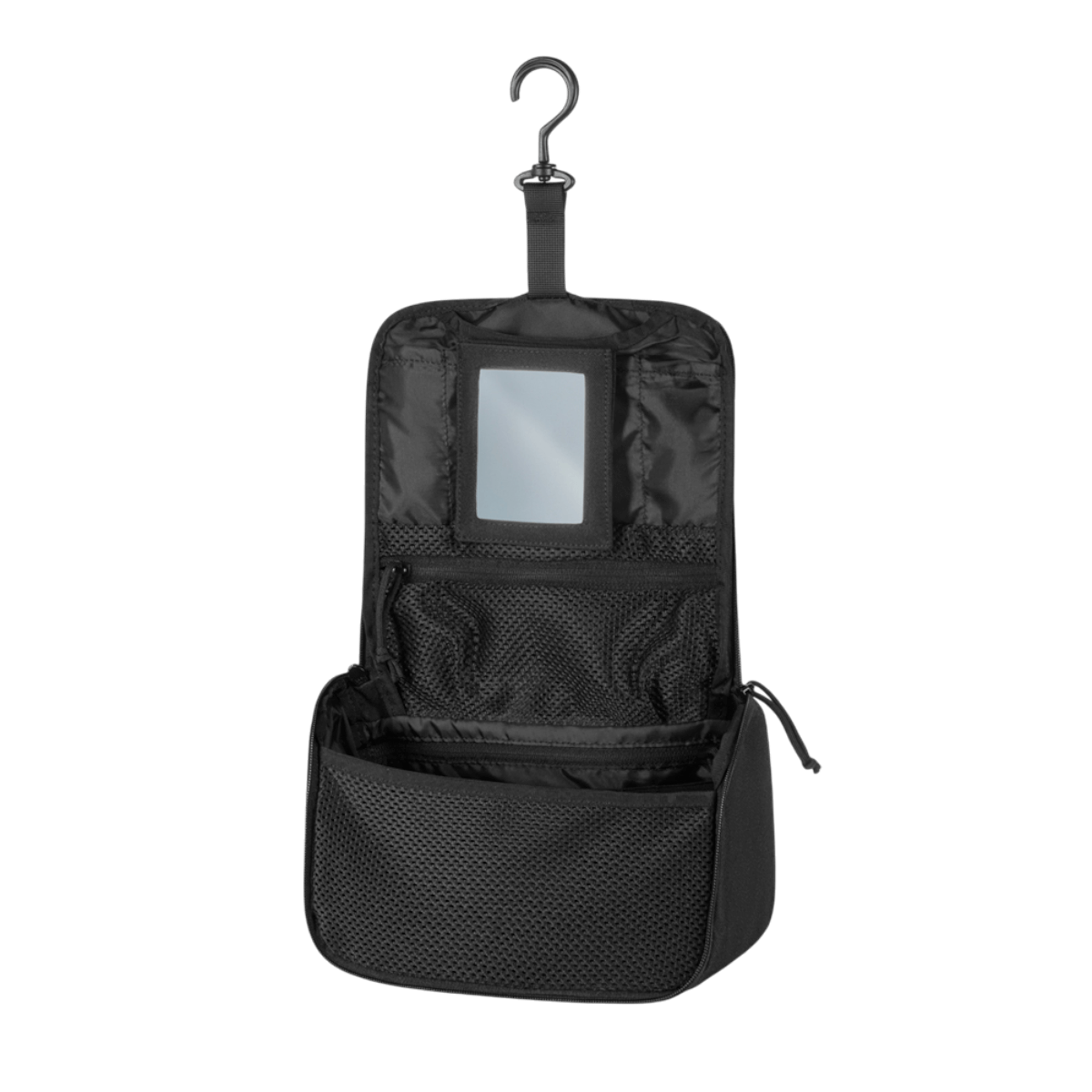 M-Tac Toilettaske i sort 600D polyester, kompakt og vandafvisende, åben med krok til rejseopbevaring af toiletartikler.