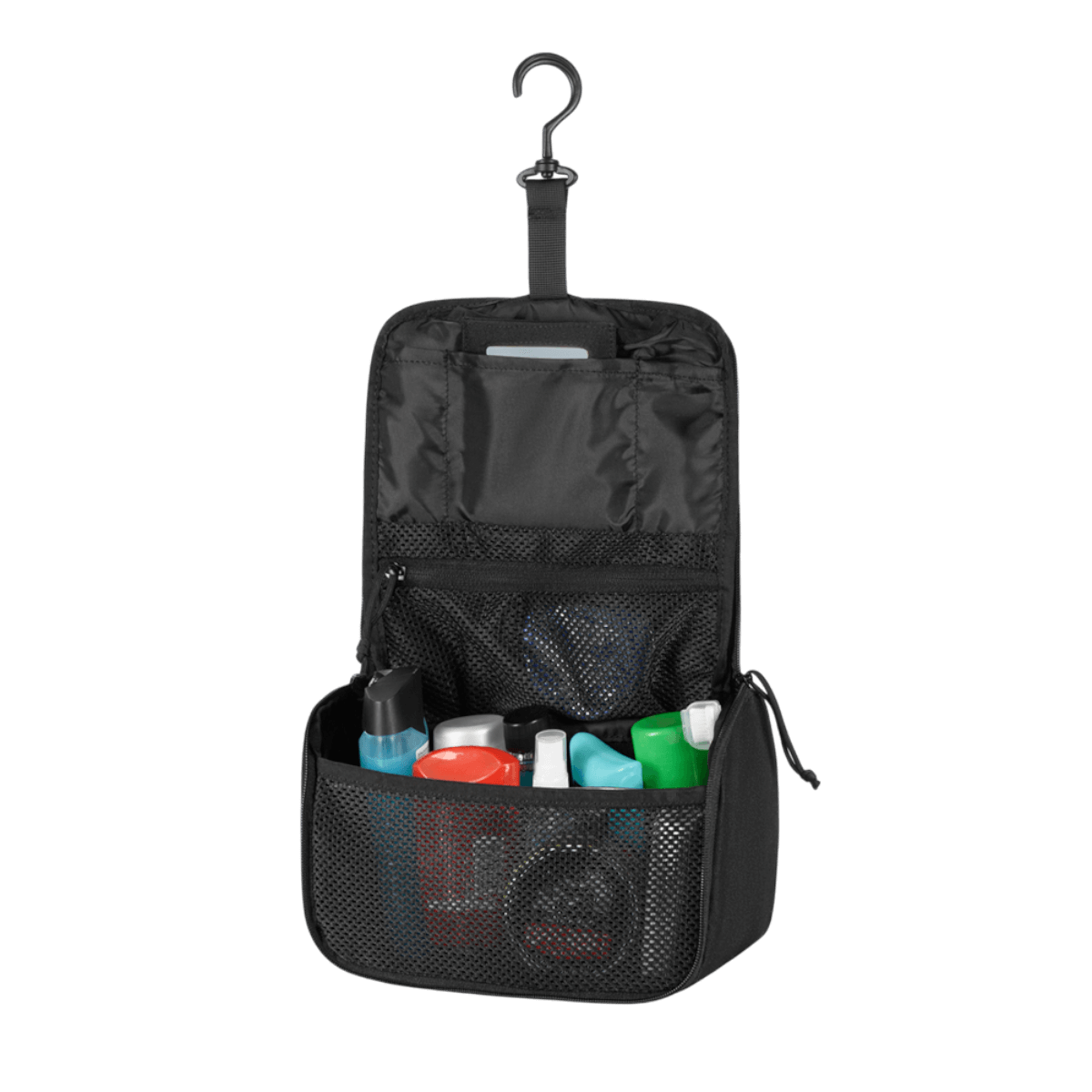 M-Tac Toilettaske til hygiejneartikler, i holdbart og vandafvisende 600D polyester med PVC-belægning, åben og klar til brug.