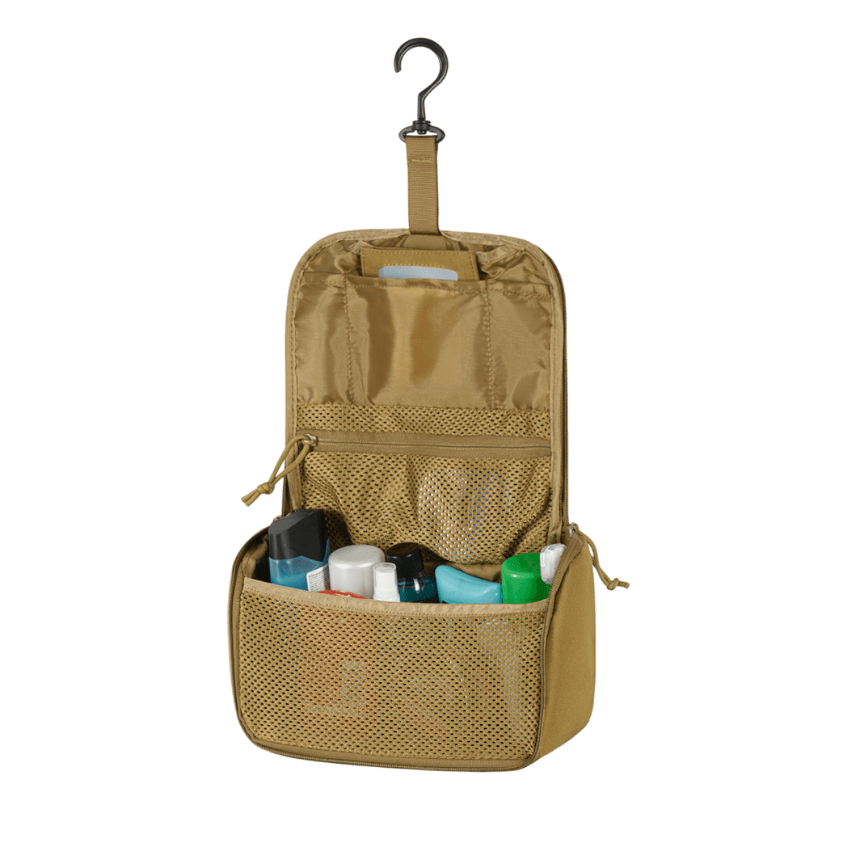 M-Tac Toilettaske i beige med rum til tandpasta, shampoo og andre hygieniske småting, lavet i vandafvisende 600D polyester med krog til ophængning.