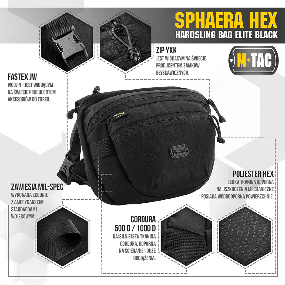 M-Tac Sphaera Hex Hardsling Bag i sort med modulært system og skjult våbenrum, lavet af Cordura/Hex polyester, med lynlåse og fastex fittings.