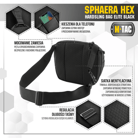 Sort M-Tac Sphaera Hex Hardsling Bag med telefonlomme, ventileret netryg og modulære fittings, ideel til komfortabel bæring.