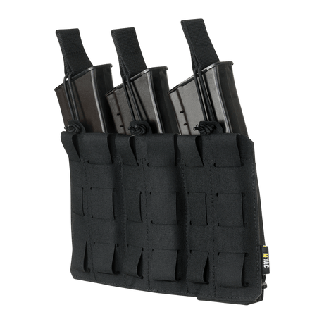 M‑Tac Elastisk Triple Magazine Pouch Elite i sort med plads til tre AK/AR-magasiner, fremstillet af robust Cordura 500D med MOLLE Laser Cut. Kompakt design.