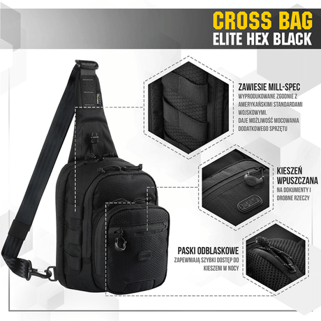 M‑Tac Cross Bag Elite Hex, en praktisk sling pack i sort med MIL-SPEC stropper og YKK lynlåse, ideel til dagligbrug og taktisk udstyr.