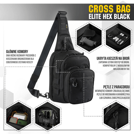 M‑Tac Cross Bag Elite Hex i sort, en taktik taske med justerbare stropper og flere opbevaringsrum til daglig brug og udstyr.