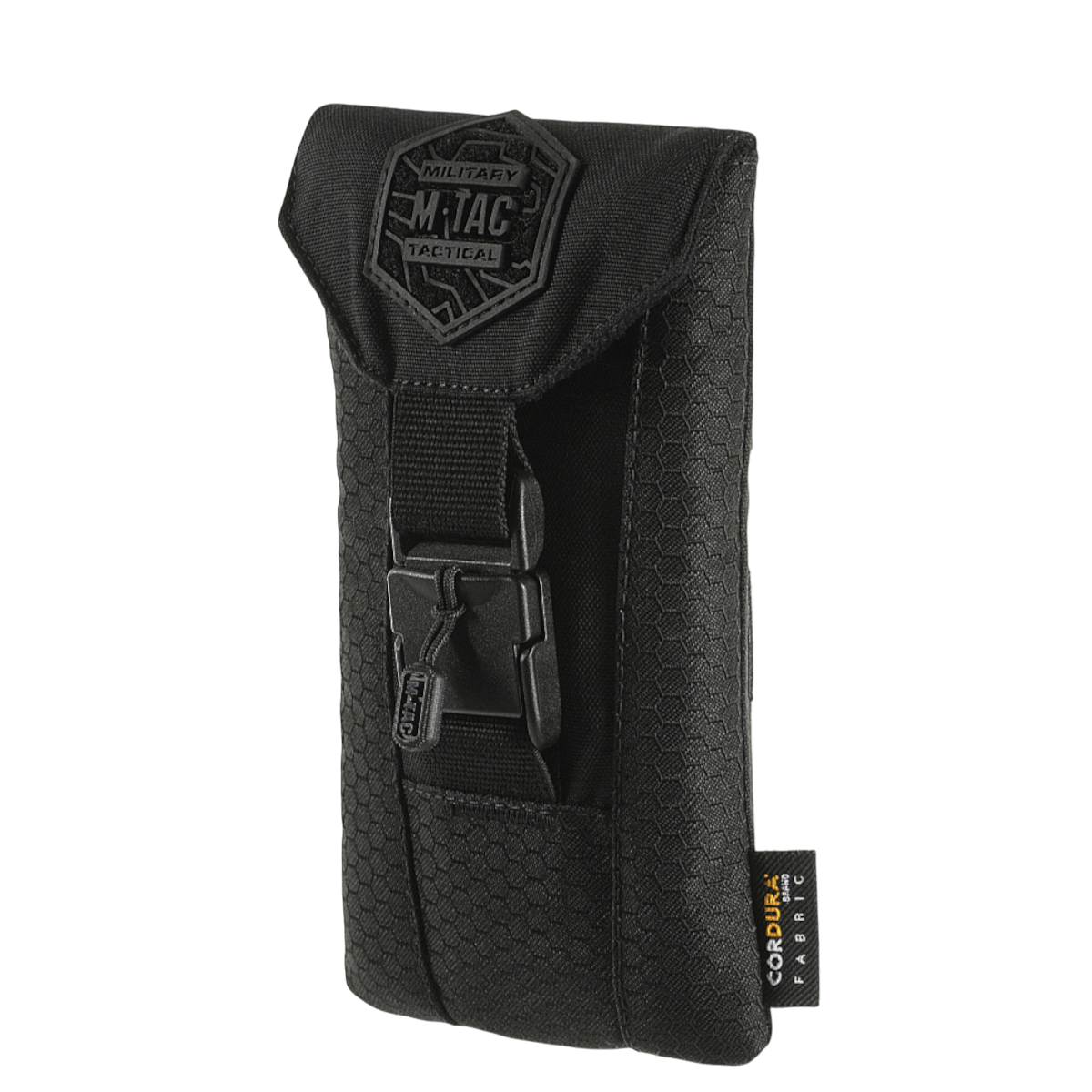 Stilfuld og holdbar M-Tac Smartphone Lomme Elite Large Hex i sort CORDURA HEX, passer til smartphones op til 6,5 tommer.