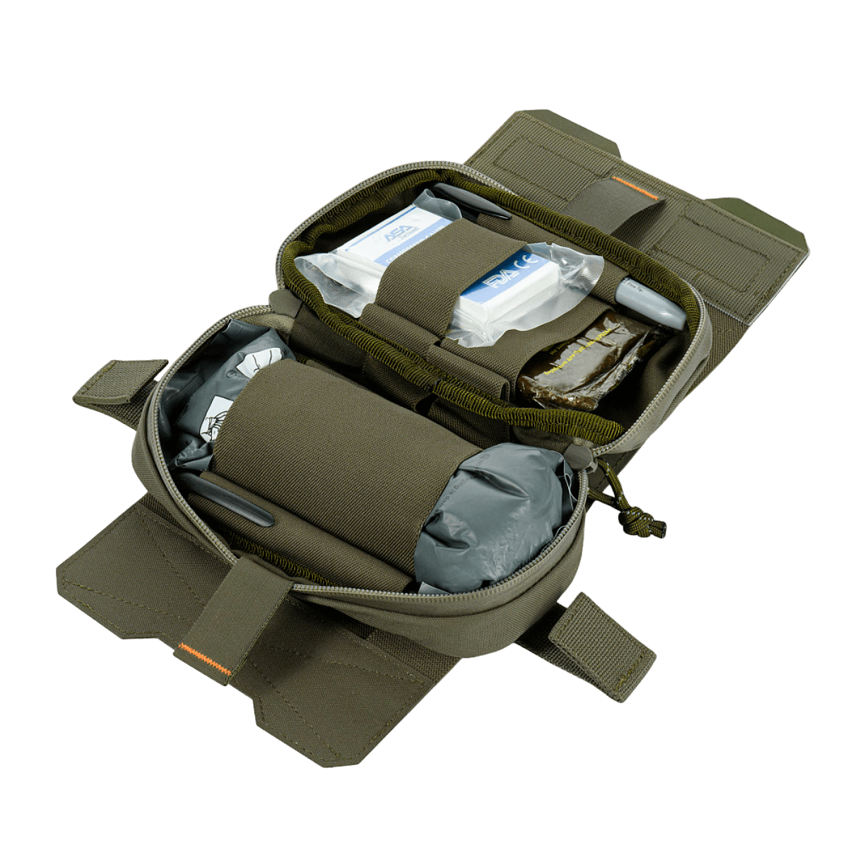 M-Tac Horizontal Medical Pouch Elite i åbnet tilstand med organiseret førstehjælpsudstyr, ideelt til felten, lavet i holdbart Cordura-materiale.