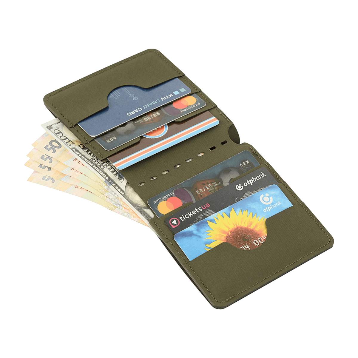 M‑Tac Pung Slim Elite med åbnet layout, viser slots til kreditkort og kontanter, kompakt design, stilfuld og holdbar pung.