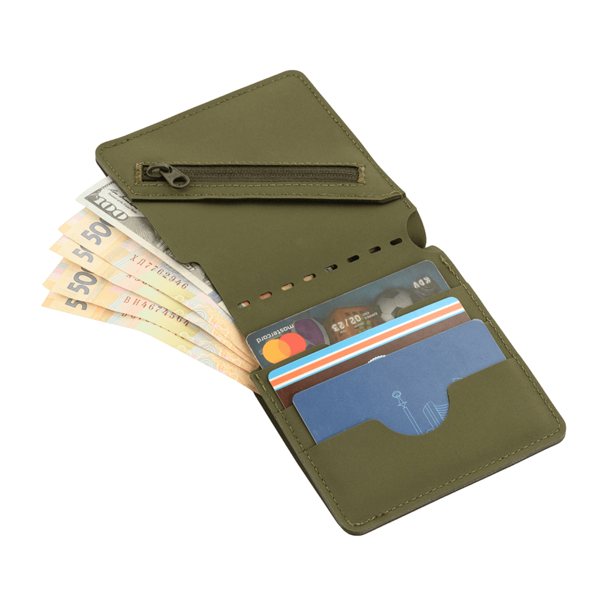 M-Tac Pung Slim Elite Gen. II i grøn, viser kontanter og kort i lomme, kompakt og stilfuld, med messingnitte og møntlomme.