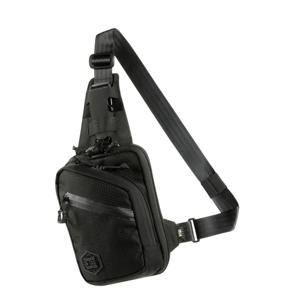 M-Tac Sling Pistoltaske Elite Hex i sort Cordura med justerbar skulderrem og rummelige rum, ideel til skjult våbenopbevaring.