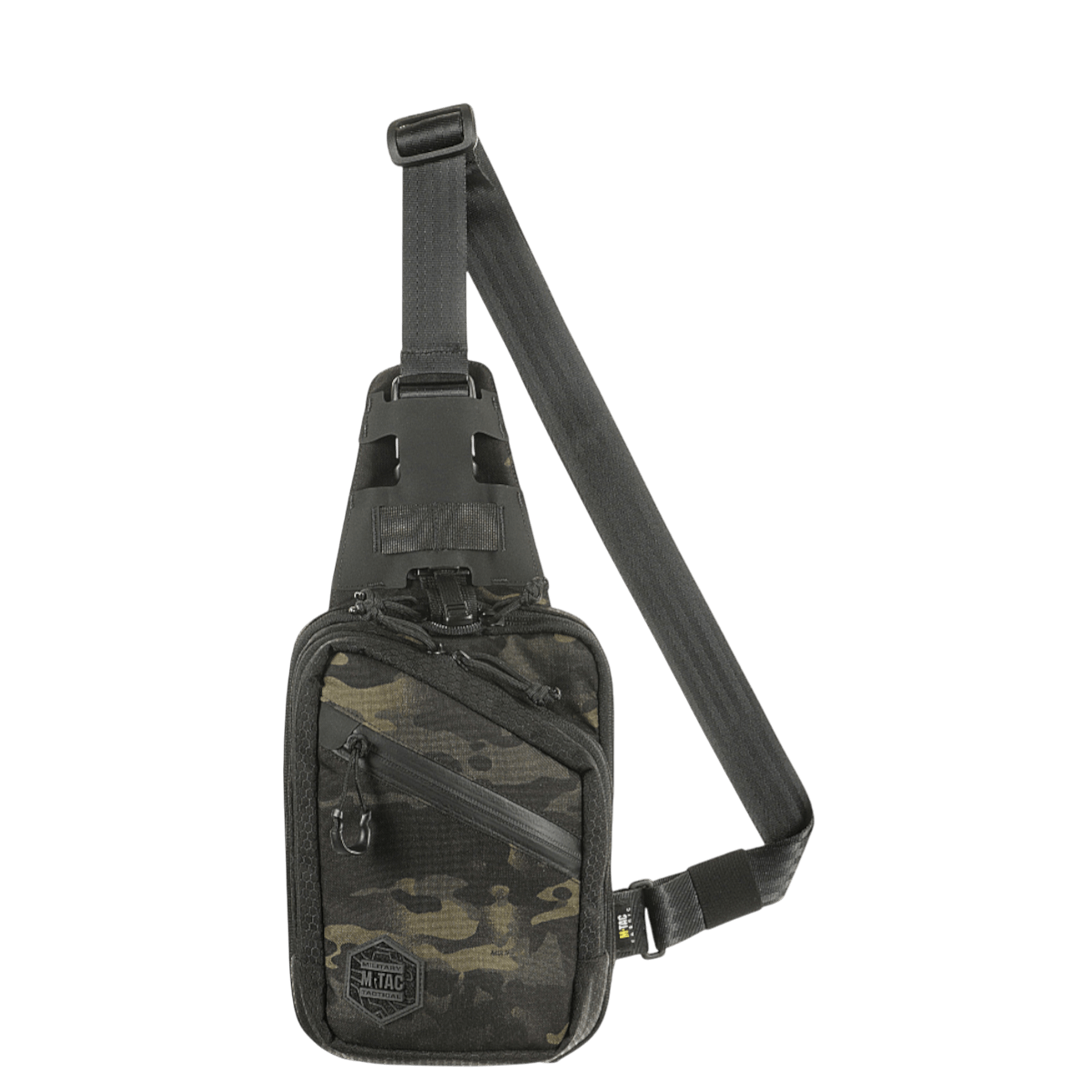 M-Tac Sling Pistoltaske Elite Hex i slidstærkt Cordura materiale med justerbar skulderrem og rummelige rum, ideel til skjult våbenopbevaring.