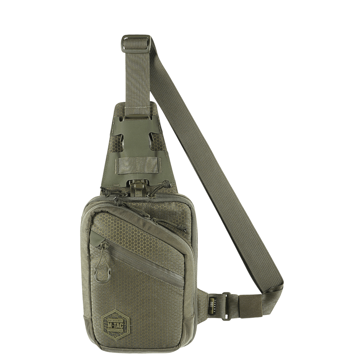 M-Tac Sling Pistoltaske Elite Hex i Cordura 1000D med justerbar skulderrem og fire rummelige rum, ideel til skjult våbenopbevaring.