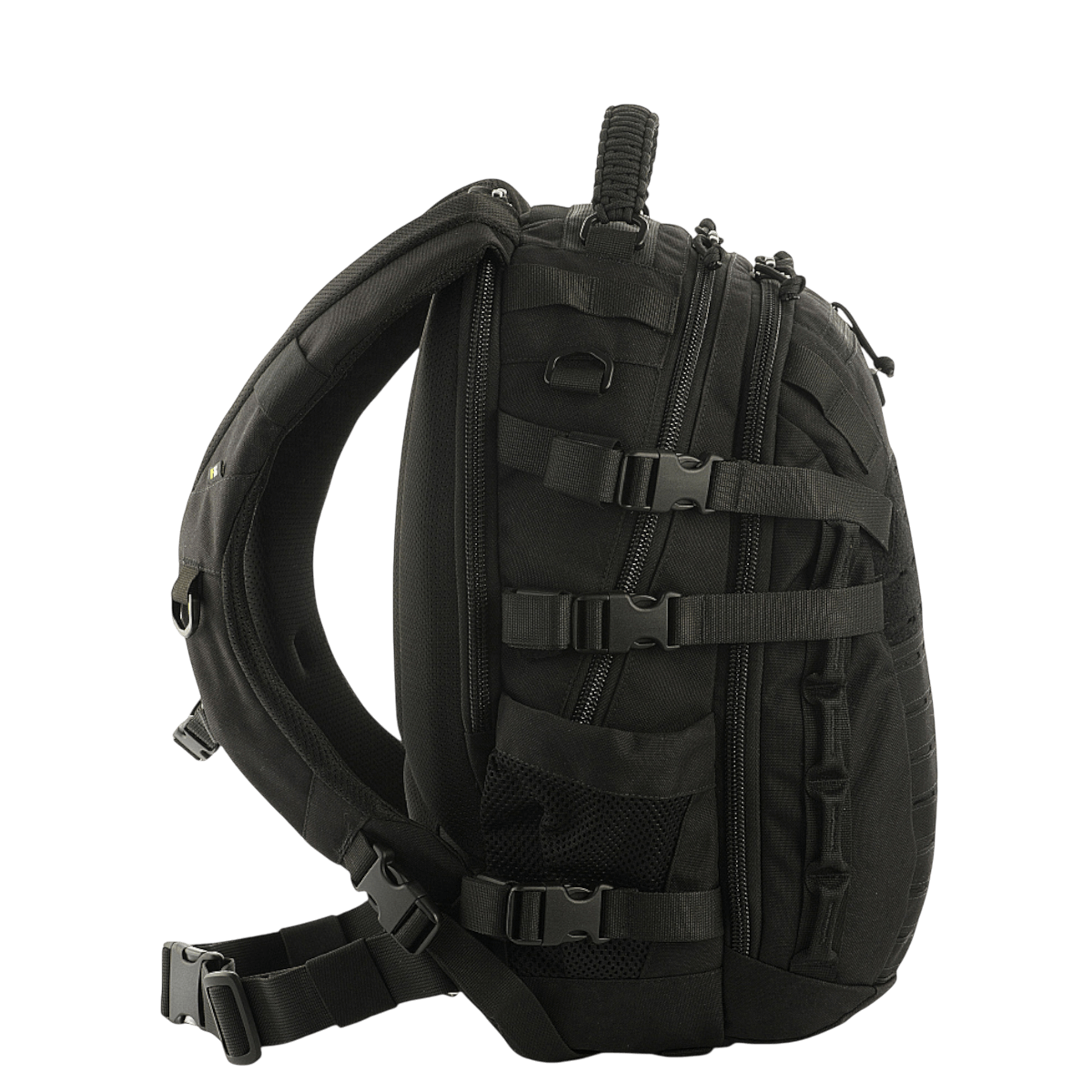 M-Tac Mission Pack Elite rygsæk med Cordura 1000D, ergonomisk designet med MOLLE LASER CUT-system, sort, set fra siden.