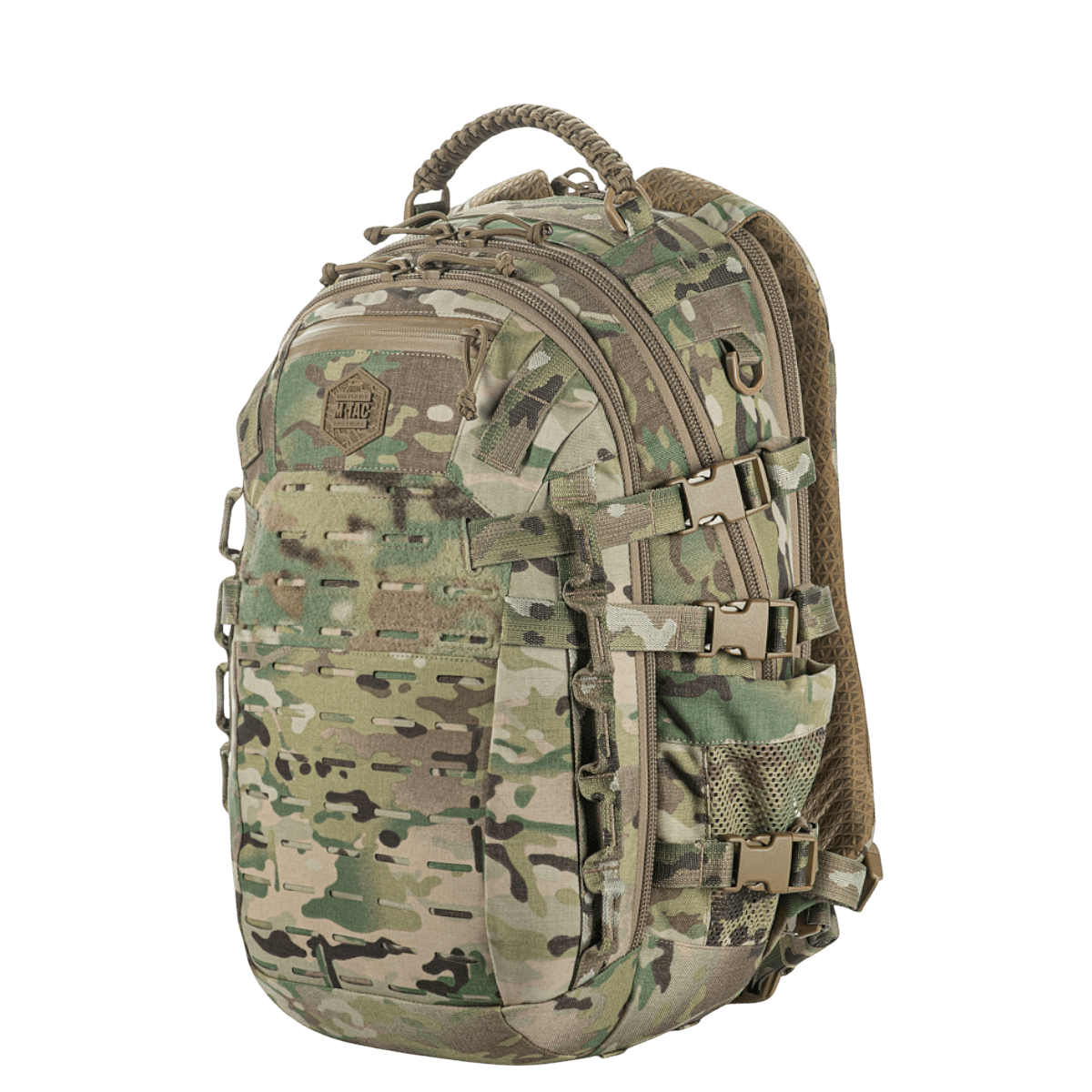 M-Tac Mission Pack Elite rygsæk i camouflagemønster med ergonomisk design og MOLLE LASER CUT-system til øget volumen.