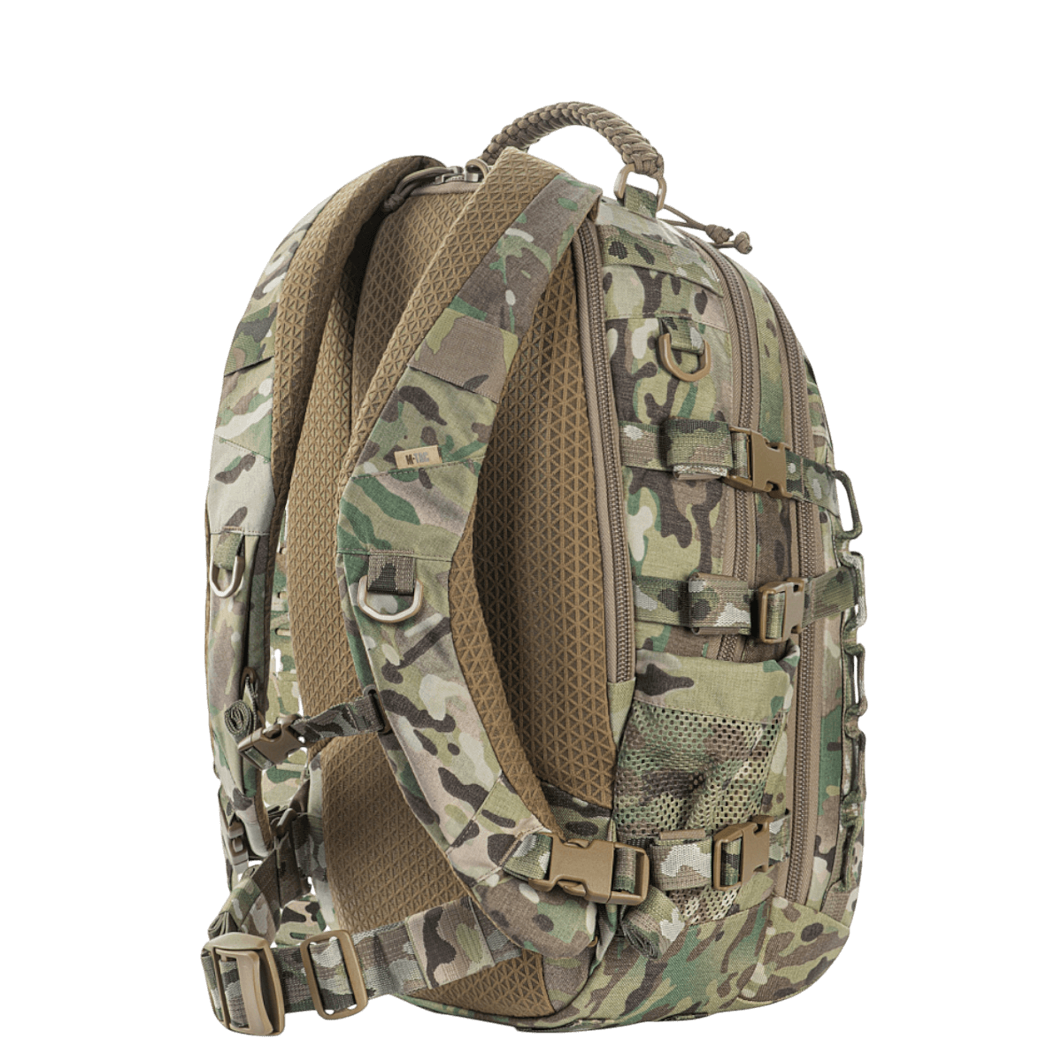 M-Tac Mission Pack Elite i Camouflage med ergonomisk design og MOLLE LASER CUT-system, fremstillet i holdbart Cordura 1000D materiale.