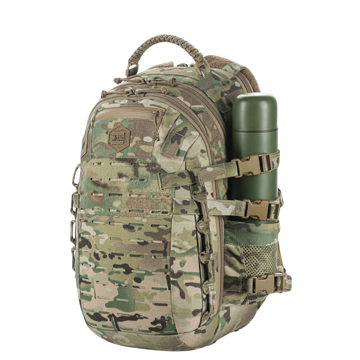 M-Tac Mission Pack Elite rygsæk i camouflagemønster med slidstærk Cordura 1000D og MOLLE LASER CUT-system til øget funktionalitet.