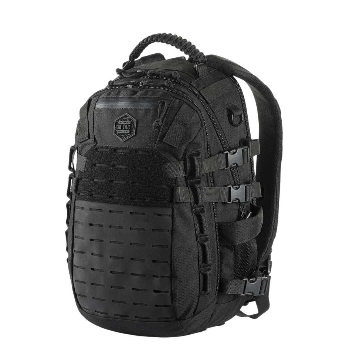 M-Tac Mission Rygsæk Elite Hex i sort med ergonomisk design og MOLLE LASER CUT-system til ekstra lommer, lavet af Cordura Hex 1000D.