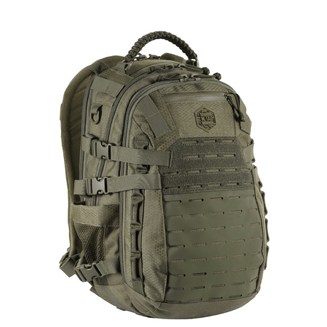 M-Tac Mission Rygsæk Elite Hex i olivengrøn Cordura med LASER CUT-system til udvidelse, ergonomisk designet til holdbarhed og funktionalitet.