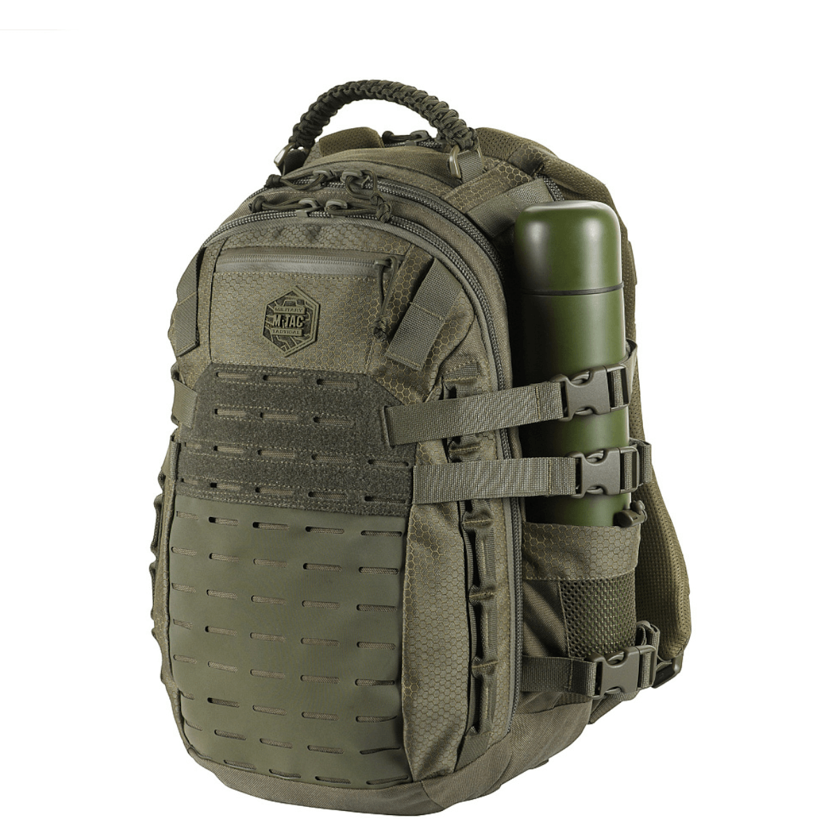M-Tac Mission Rygsæk Elite Hex med MOLLE LASER CUT-system, lavet af holdbar Cordura 1000D, grøn farve, ergonomisk design.