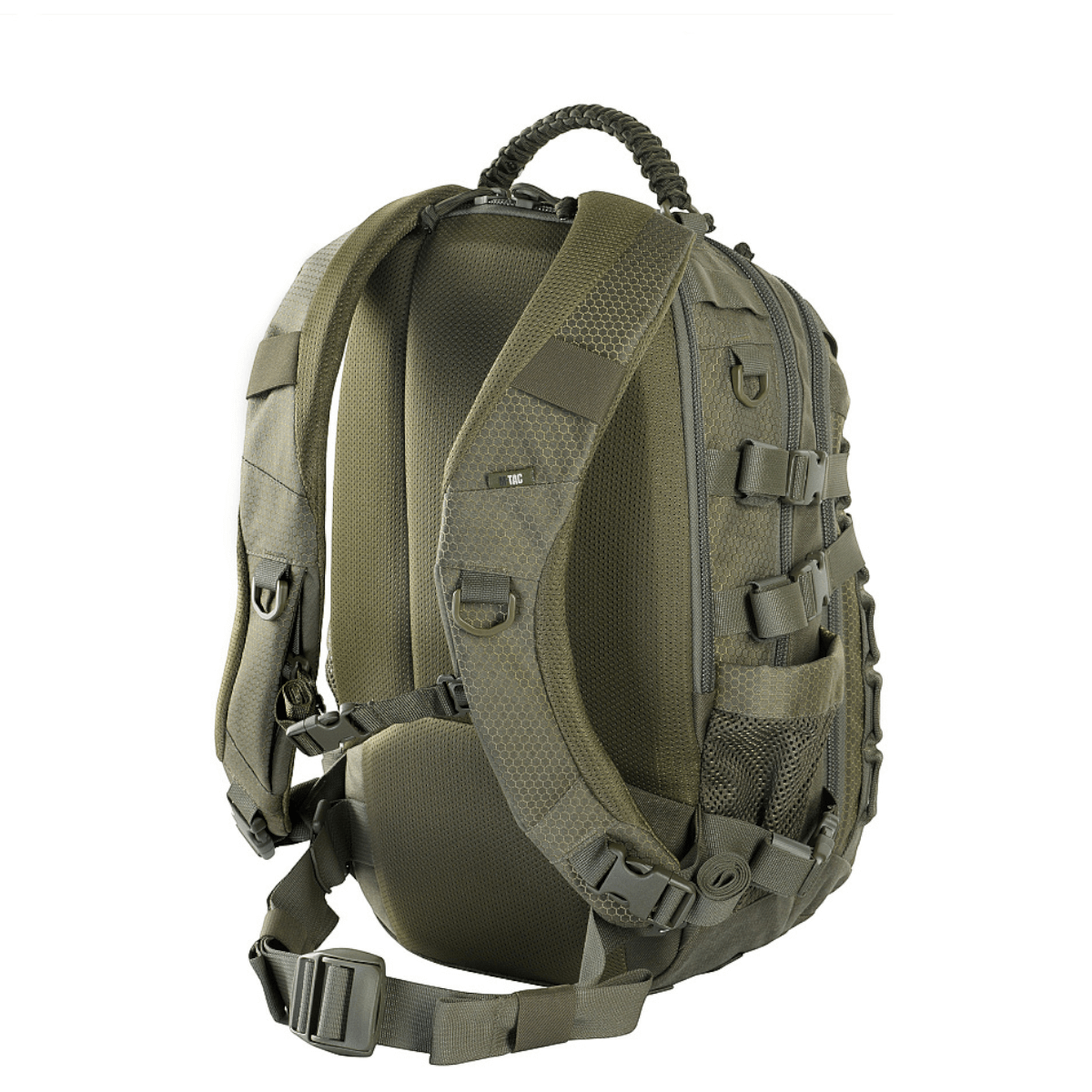 M-Tac Mission Rygsæk Elite Hex i Cordura 1000D, ergonomisk rygsæk med MOLLE LASER CUT-system, set bagfra i stilfuld militærgrøn.