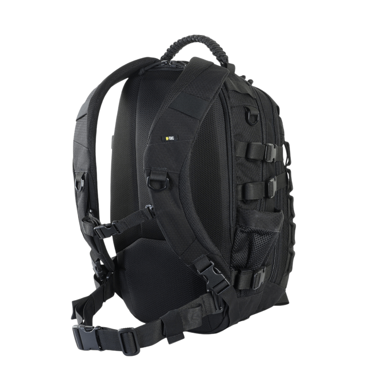 M-Tac Mission Rygsæk Elite Hex bagside med robust design, ergonomiske stropper og MOLLE LASER CUT-system for fleksibilitet.