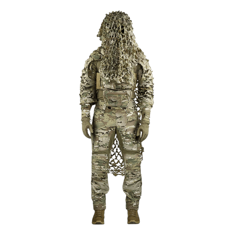 M-Tac Alder Camouflage Suit i camouflagemateriale til ujævnt terræn, designet til snigskytter, vist i galleri position 1 bagfra med camouflagenet.
