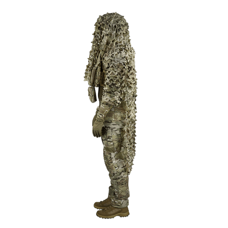 M-Tac Alder Camouflage Suit i camouflagemateriale til ujævnt terræn, designet til snigskytter, vist i galleri position 1 set fra siden.