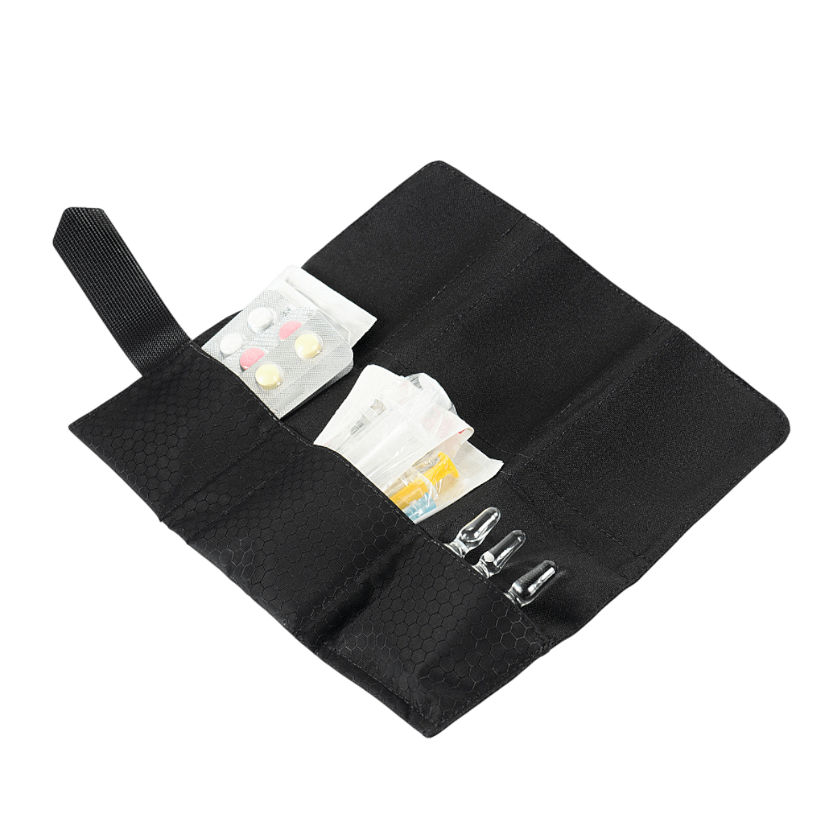 M-Tac City Med Pouch Hex, kompakt førstehjælpskit i Hex Polyester med Velcro-lukning, åben og fyldt med medicinske forsyninger.