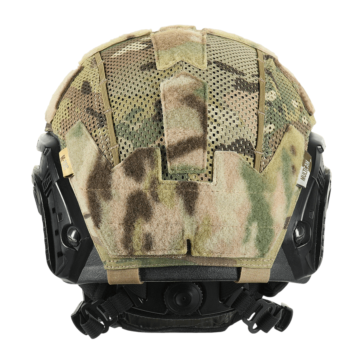 M‑Tac Hjelmcover Shroud Elite i MULTICAM design, monteret på en TOR-D hjelm, viser velcro-paneler og Cordura 500D materiale.