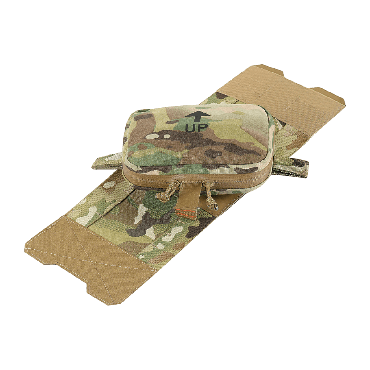 M-Tac Horisontal Medic Lomme Large Elite førstehjælpstaske i Cordura 500D med IFAK organizer, flad udstilling i camouflagefarve.