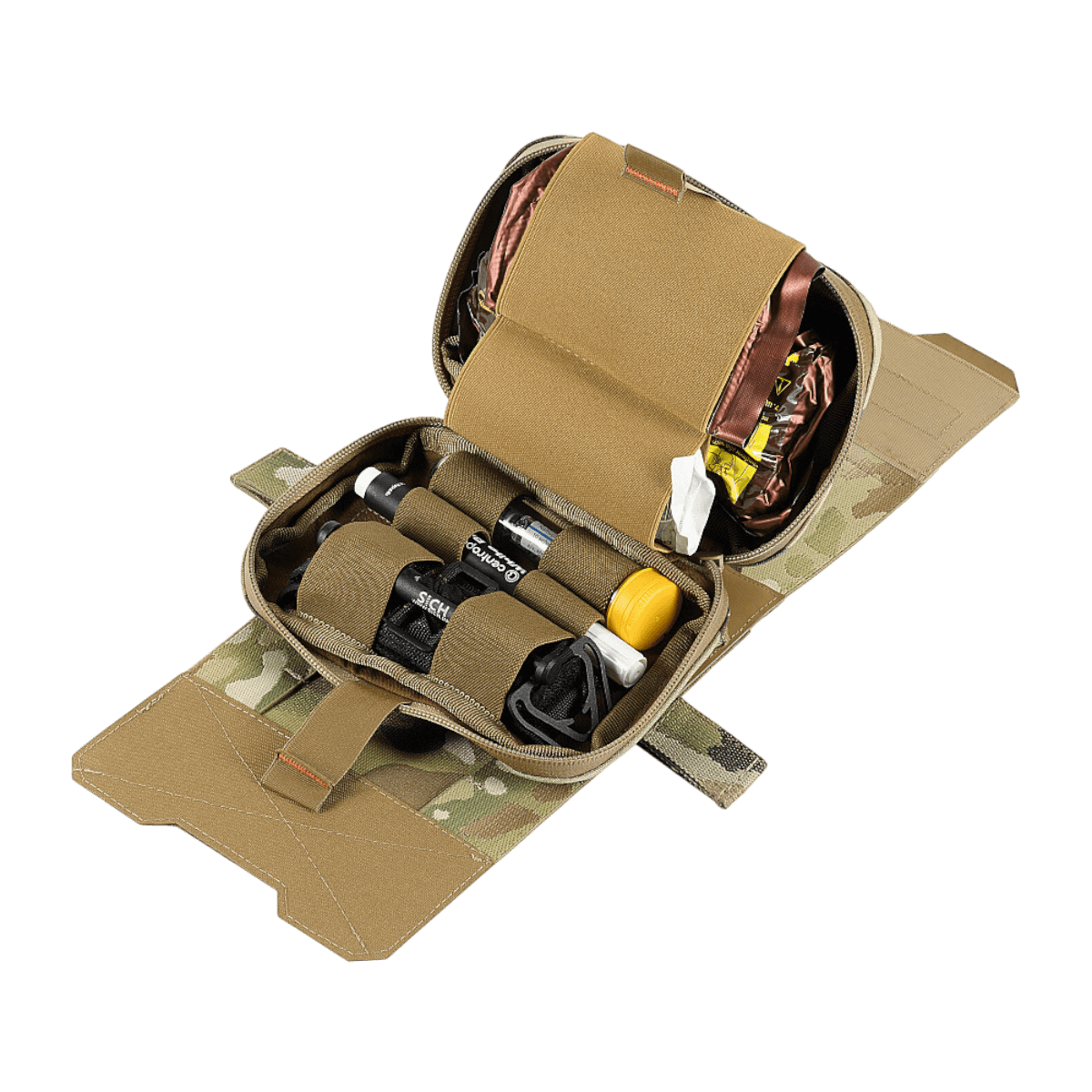 Åben M-Tac Horisontal Medic Lomme Large Elite med organiseret førstehjælpsudstyr i slidstærk Cordura 500D taske.