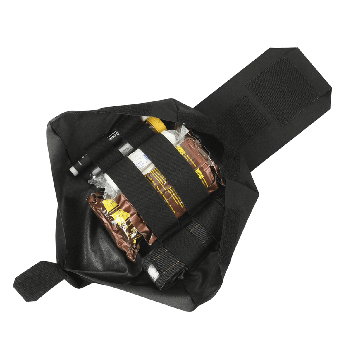 M‑Tac Medic Pouch Vertical Large Elite åben med førstehjælpsudstyr, robust Cordura 500D og innovativt MOLLE-design.