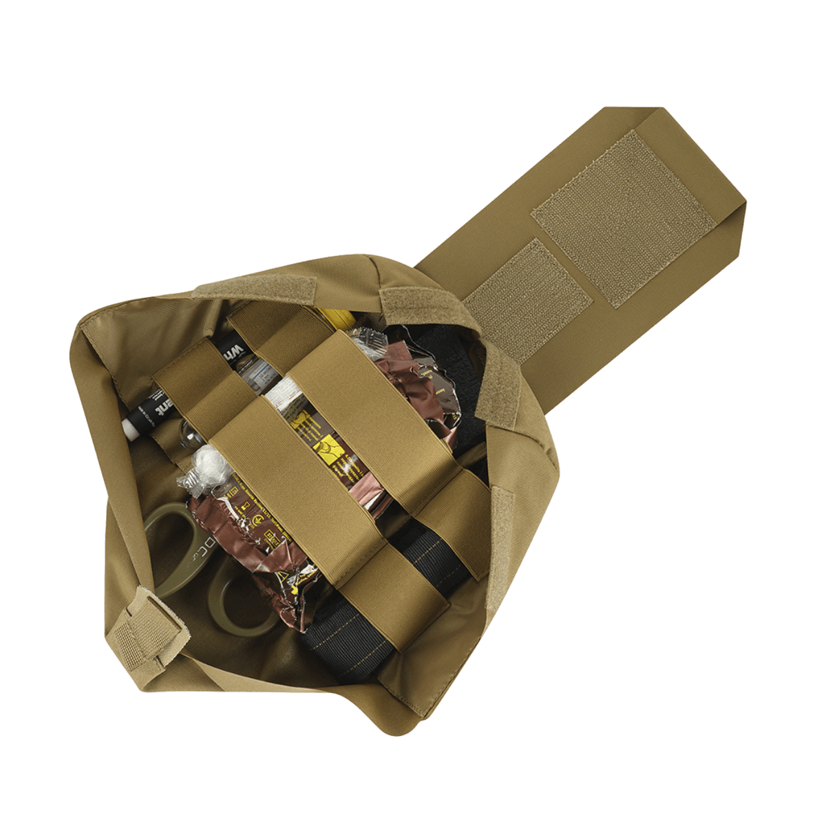 M‑Tac Medic Pouch Vertical Large Elite med åben flap og organiseret indhold af førstehjælpsudstyr i slidstærkt Cordura-materiale.