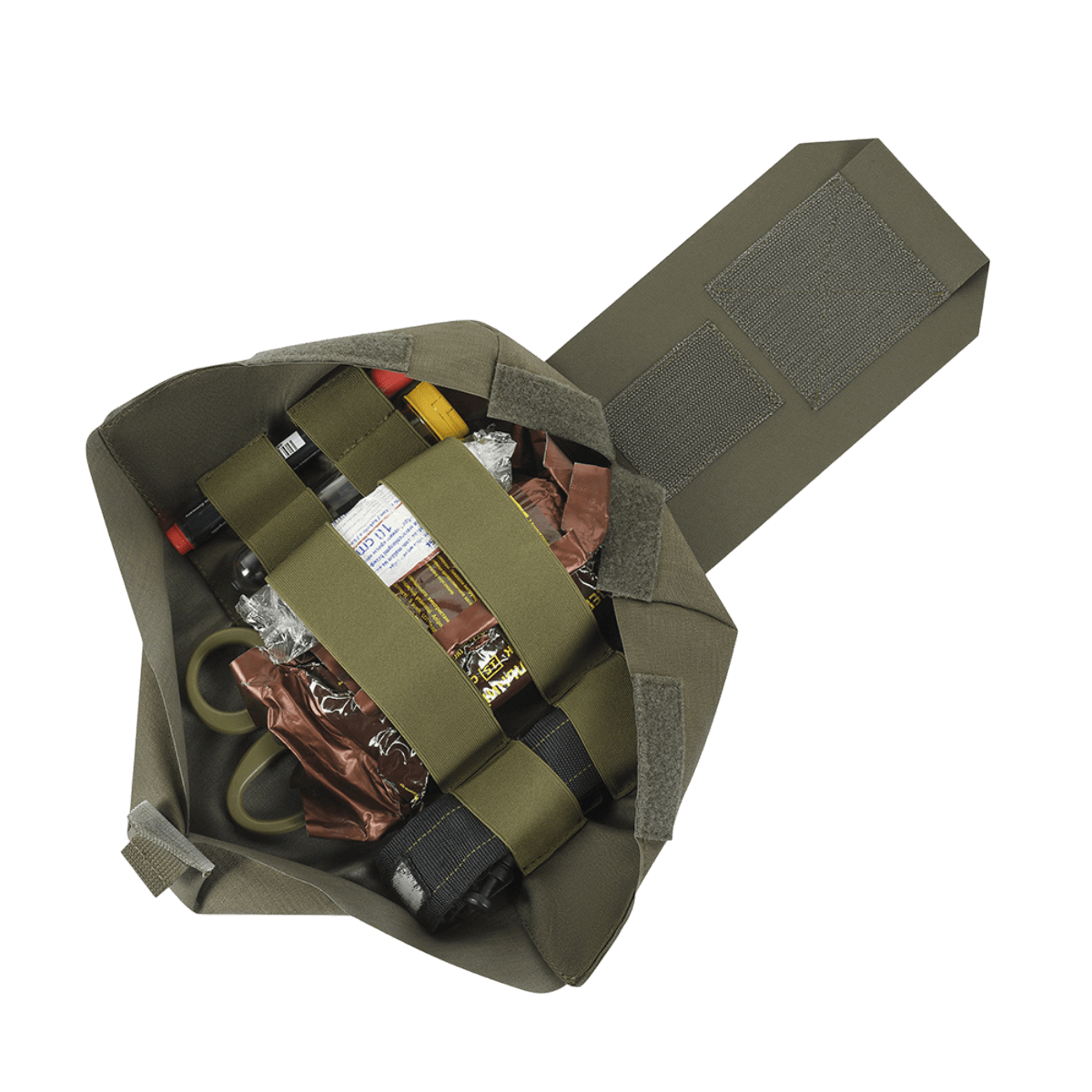 M‑Tac Medic Pouch Vertical Large Elite med elastiske lommer fyldt med førstehjælpsudstyr, fremstillet af slidstærkt Cordura 500D.