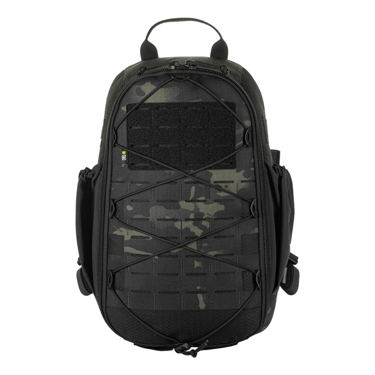 M-Tac STURM Elite Rygsæk i sort, 15L taktisk rygsæk med MOLLE Laser Cut frontpanel og Cordura-materiale, set forfra