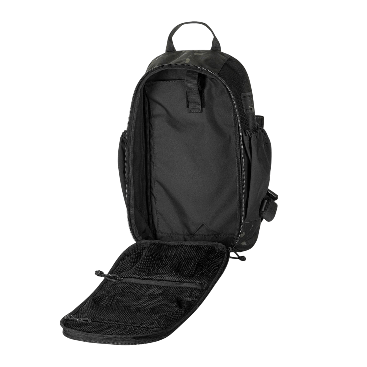 Åbent hovedrum af M-Tac STURM Elite Rygsæk med MOLLE Laser Cut frontpanel, elastiske sidelommer, og indvendige rum til kortvarige ophold.