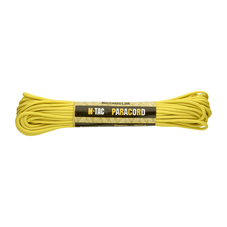M‑Tac Paracord 550 Type III 15 m i gul farve, stærk og alsidig nylonkordel til friluftliv og reparationer, længde 15 m, diameter 4 mm.