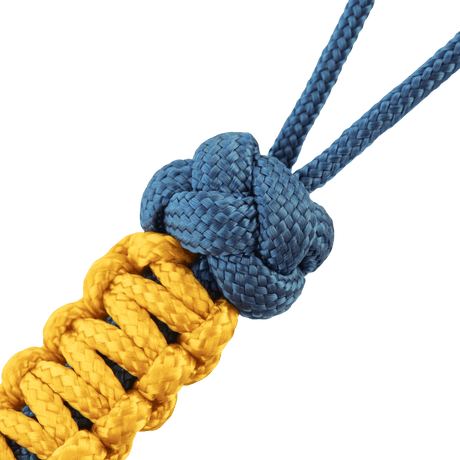 M-Tac Lanyard Scandinavian Small Chinese Knot i blå og gul paracord med dekorativ perle, tilbehør til knive og lommelygter.