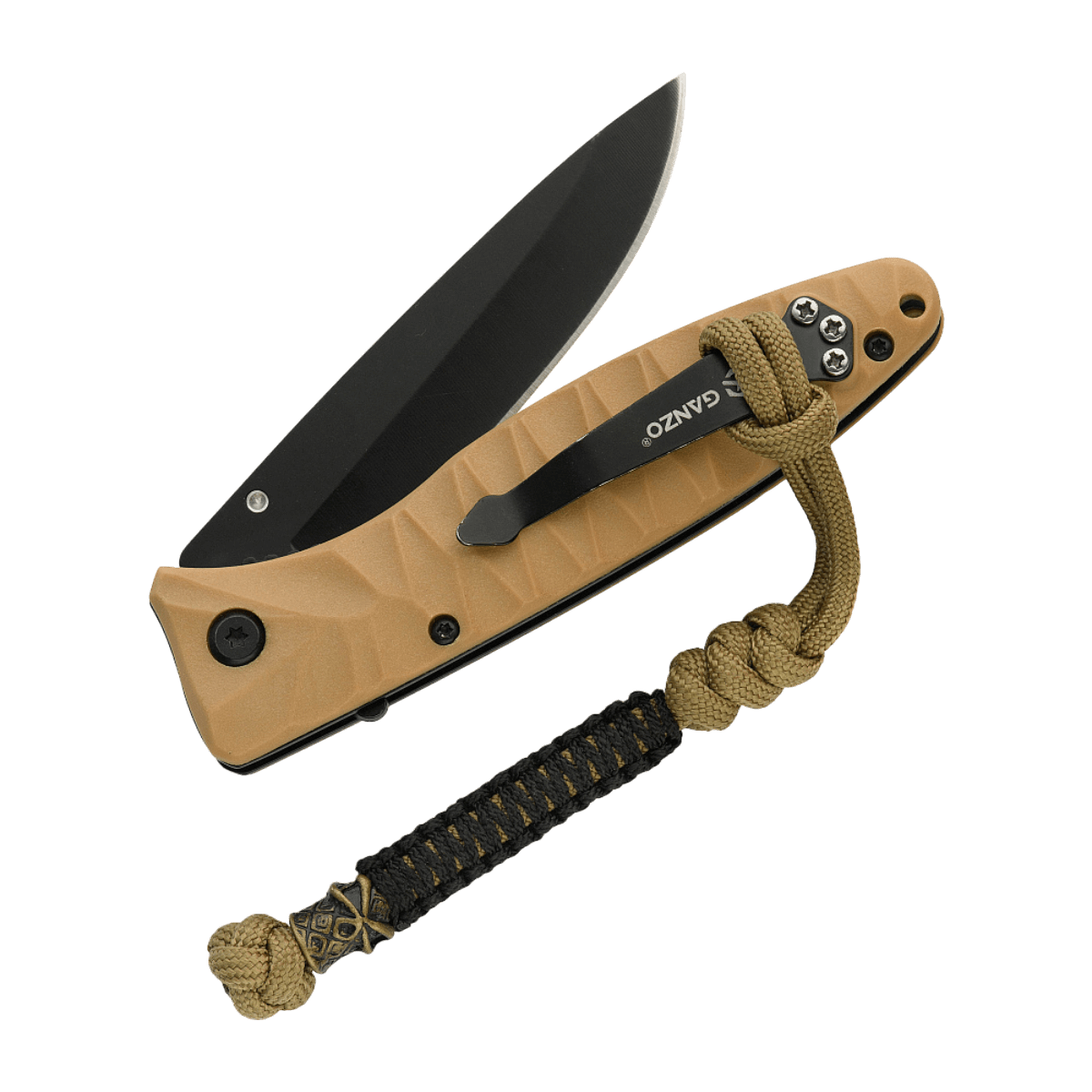 M-Tac Ninja Ver.2 Lanyard fastgjort til en kniv med flettet paracord-design og Ninja-motiv, ideel til knive og små værktøjer.