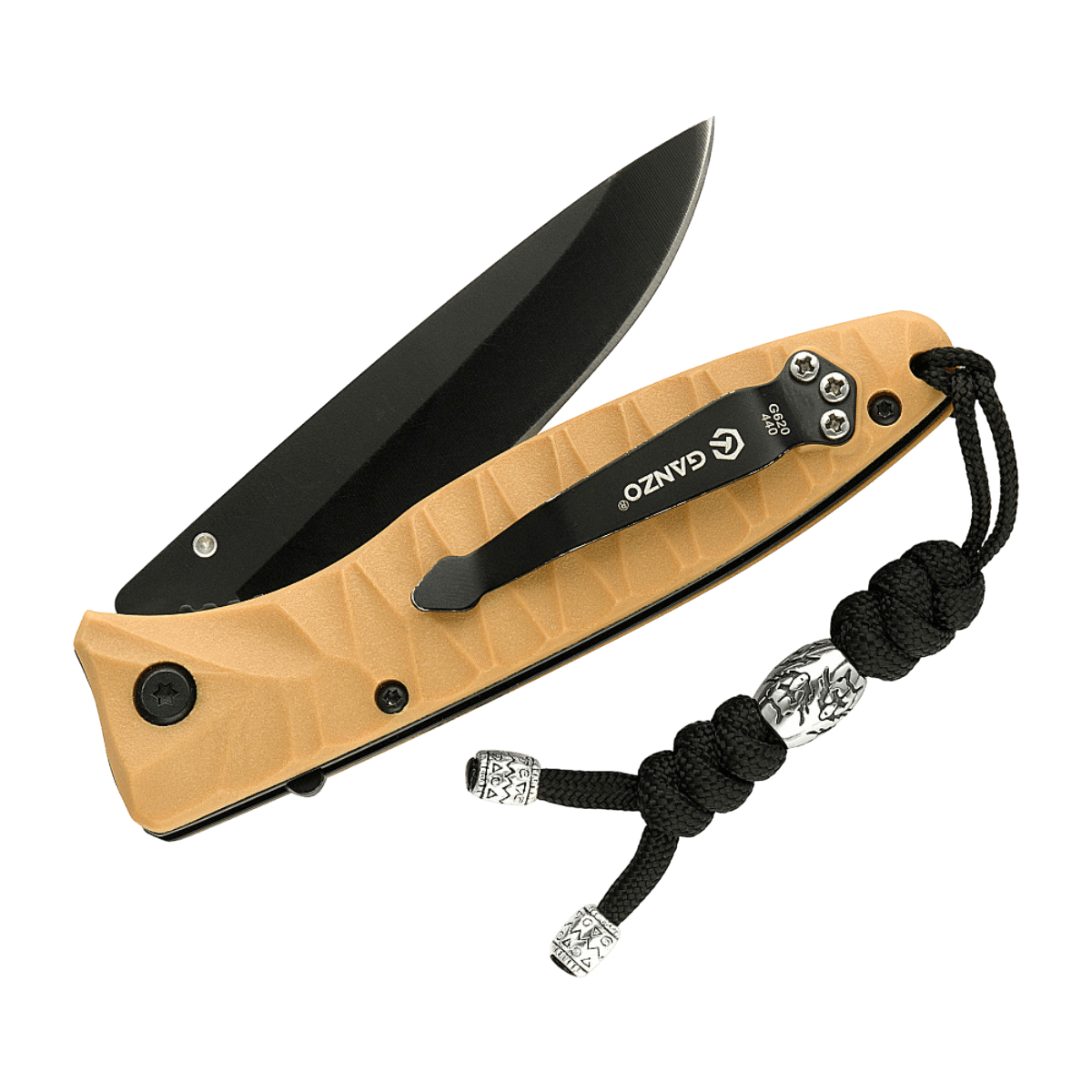 M-Tac Zeus Stainless Steel Lanyard på en kniv, dekoreret med rustfri stålkugle, flettet paracord til hurtig tilgængelighed og anvendelighed.