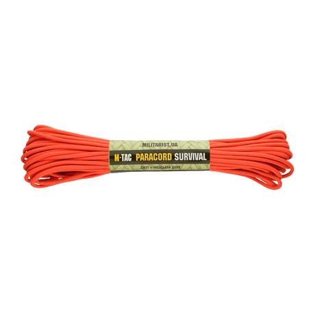 M-Tac Paracord Survival 15m i orange, stærk og let nylonparacord med 7 kerne-tråde, designet til overlevelse og outdoor-brug.