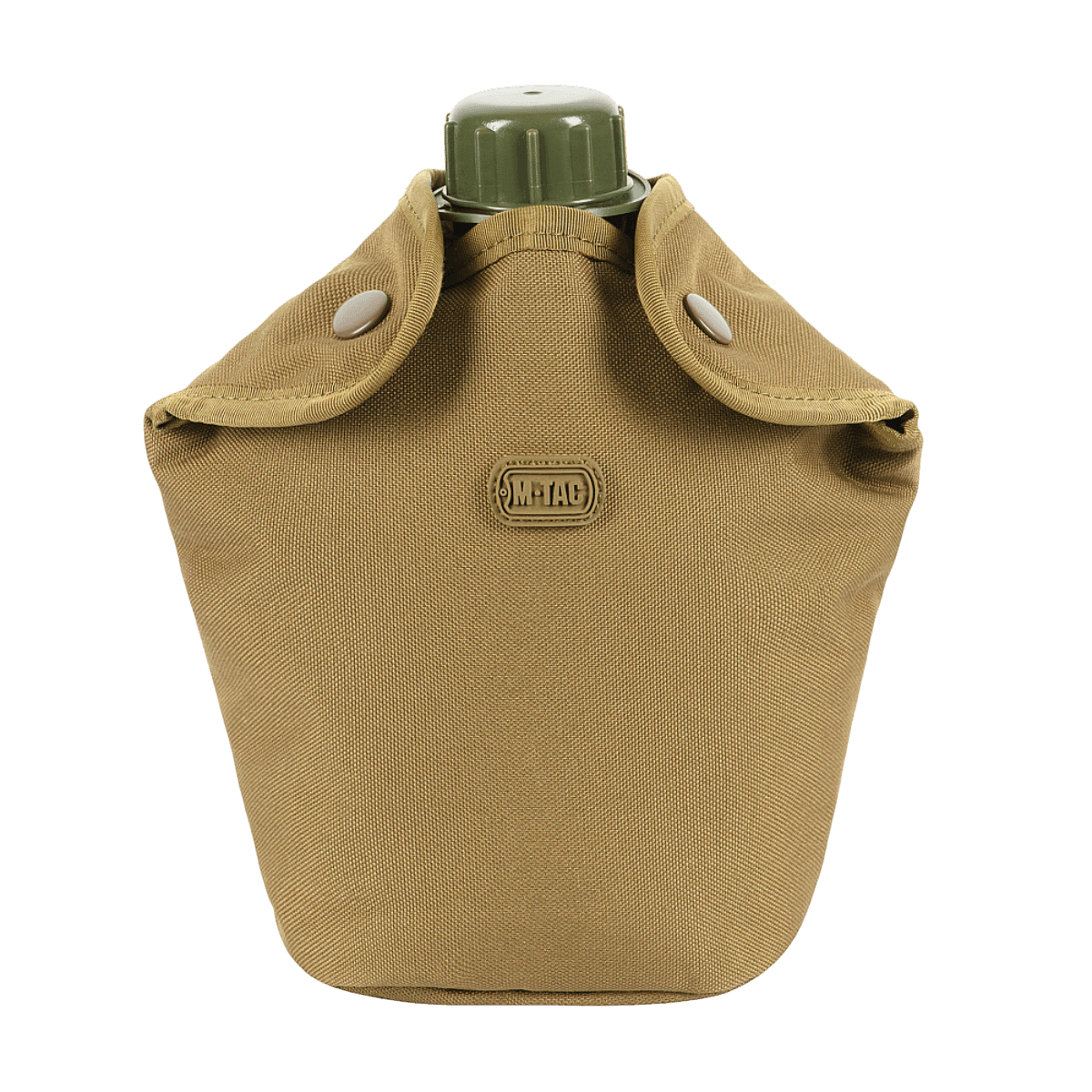 M-Tac Flaskeholder MOLLE i beige med knaplås og grønt låg, designet til friluftsbrug, lavet af slidstærk polyester med PVC-belægning.
