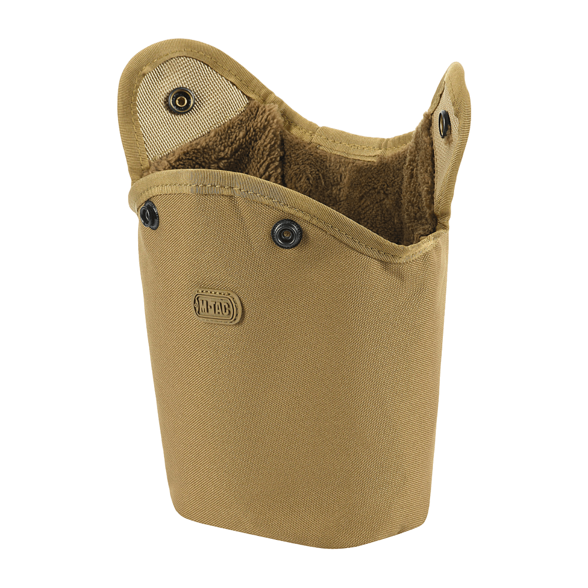 M-Tac Flaskeholder MOLLE i slidstærkt polyester med PVC-belægning og drænhul, ideel til udendørs brug og nem montering på MOLLE-udstyr.