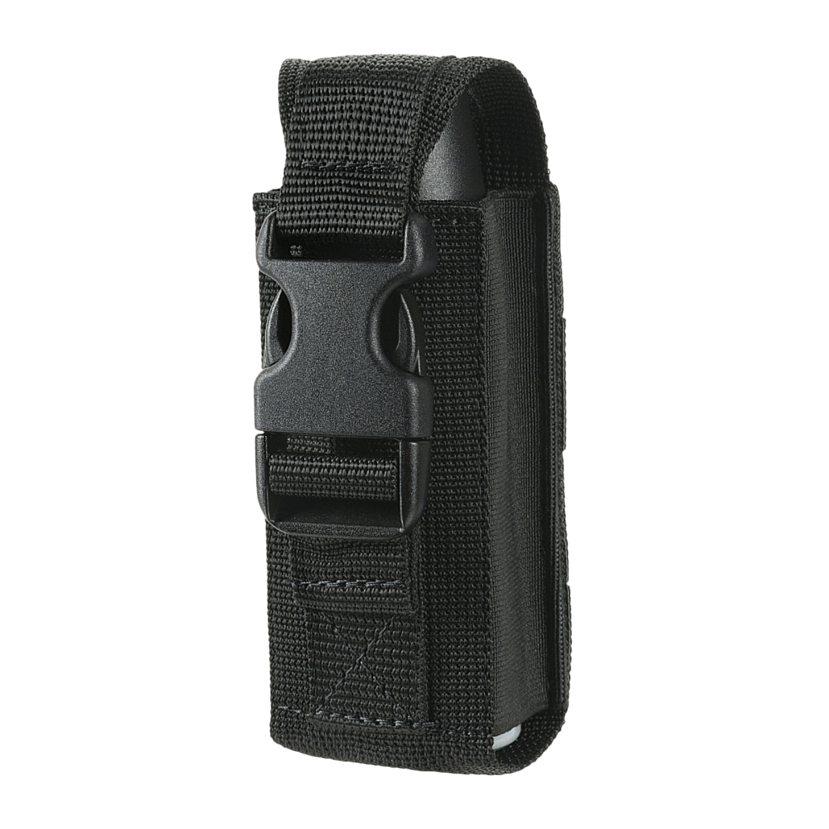 M-Tac Gasdåseholder Vertikal i sort med stærk Woojin-lås, velegnet til MOLLE-systemer for enkel adgang og sikker montering.